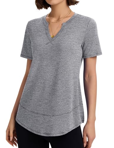 TCOT Womens Short Sleeve Workout Tops V Neck Hiking Tshirts Yoga Shirts Running Top Athletic Exercise Shirt Light Grey L
