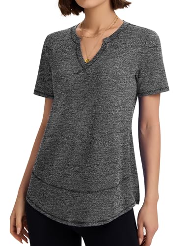 TCOT Womens Short Sleeve Workout Tops V Neck Hiking Tshirts Yoga Shirts Running Top Athletic Exercise Shirt Dark Grey M