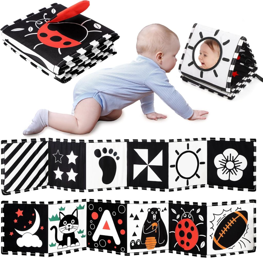 URMYWO Libro Bebé Blanco Y Negro, Tummy Time Bebé Montessori | Juguetes Sensoriales Para Bebés De 0 A 12 Meses, Alto Contraste, Estimulación Visual, Lavable Y Colgable, Regalo Para Bebé