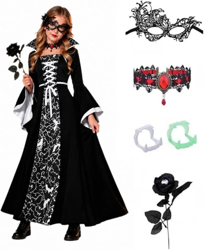 VIYUANH DéGuisement Vampire Enfant Deguisement Halloween Fille avec Robe Gothique & Accessoires Complets – Costume Vampire Halloween Enfant De 4-10 Ans pour Chasse Aux Bonbons Et Carnaval