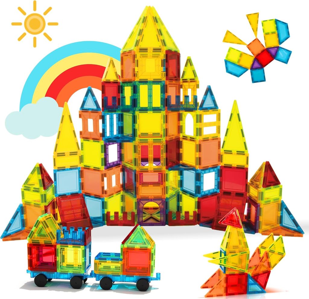 W Wise Block Blocs de Construction Magnétiques 131 PCS avec 2 Voitures, Jouets magnétiques pour Enfants Les Tout-Petits, Jouets pour 3 4 5 6 7 8 Ans garçon Fille, Multicolore.