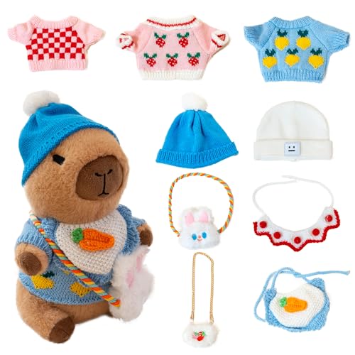 WAKSUN Capybara Plush for Boys Girls Birthday Dress Up Cute Plushies,10 Pcs Set,9 Clothes and Accessories Kawaii Stuffed Animal Plushie Toy, Soft Peluche Doll for Kids 10.2 in