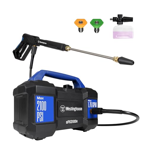 Westinghouse ePX3100v Electric Pressure Washer, 2100 Max PSI 1.76 Max GPM, Built-in Carry Handle, Detachable Foam Cannon, Pro-Style Steel Wand, 3-Nozzle Set, for Cars/Fences/Driveways/Home/Patios