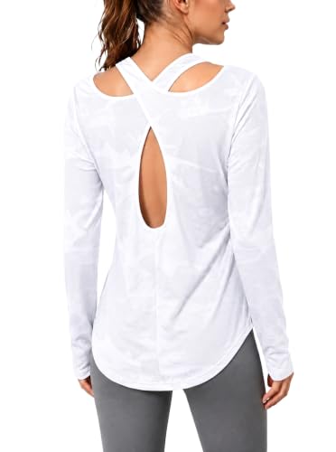 Womens Criss Cross Open Back Workout Top with Thumb Hole White Medium