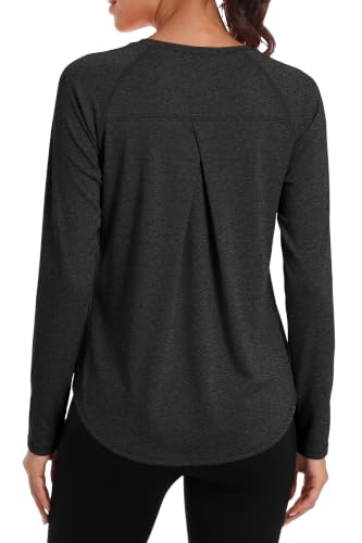 Workout Tops for Women Long Sleeve Shirts Gym Athletic Running Top Black XL | Quick Dry, Moisture Wicking, Lightweight, Stretch, Soft, Crewneck, Curved Hem, Yoga, Hiking, Exercise, Fitness Clothing
