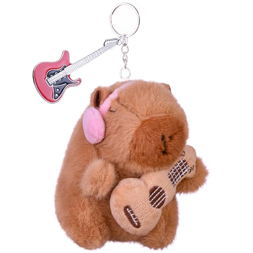 mkookm Capybara Mini Plush Toy – Cute Small Capybara Stuffed Animal Backpack Charm, Kawaii Plush Keychain for Kids & Teens (Guitar)