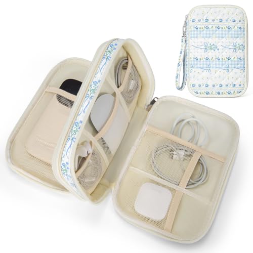 shiprabags Quilted Travel Cable Organizer Pouch, Portable Electronic Accessories Carry Case, Double Layer All-in-One Storage Bag for Chargers, Cords, Phone, Gadgets (Blue Bow Floral Stripe, M)